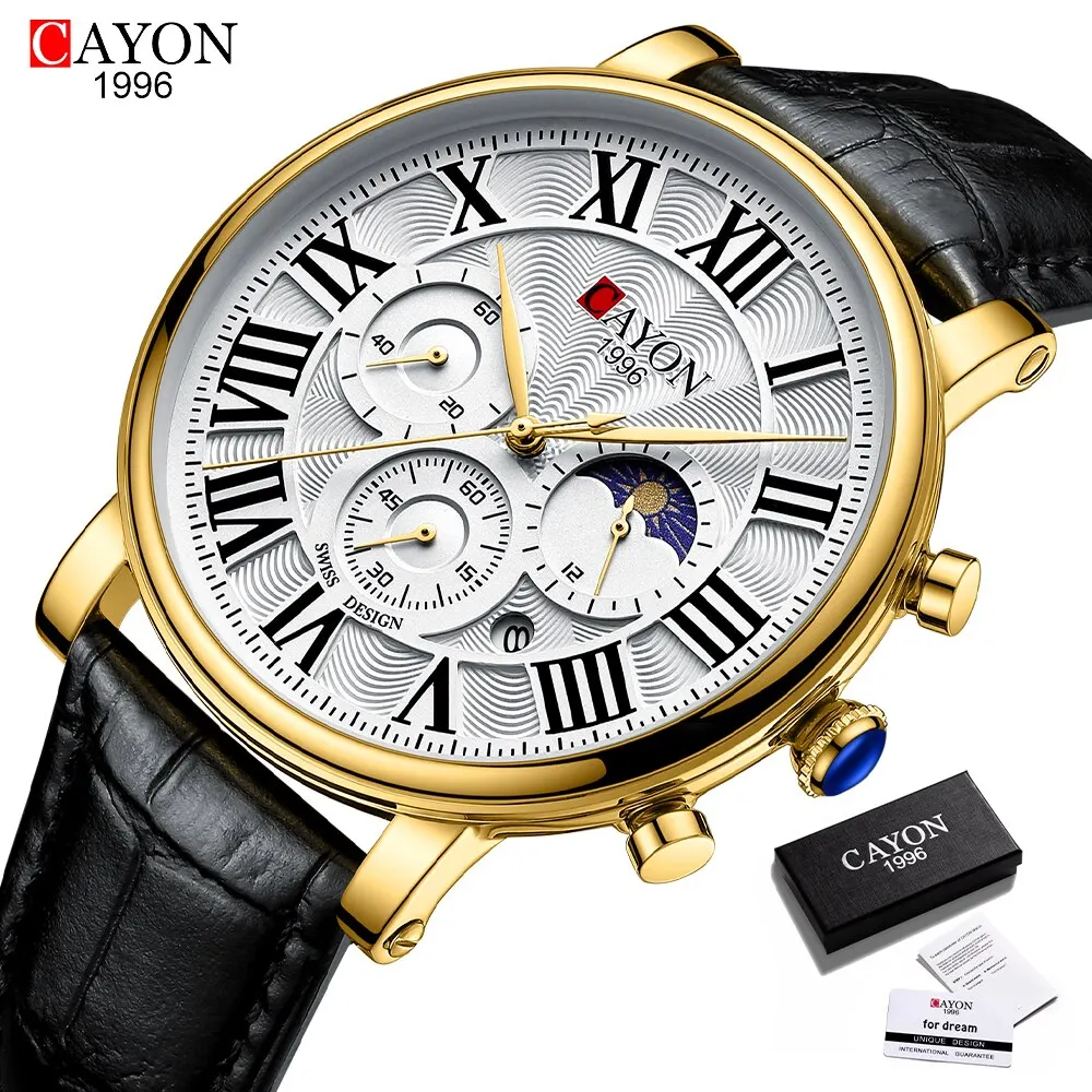 CAYON Watches Men Top Brand Luxury Leather Strap Date Quartz Clock Male Waterproof Chronograph Men Watch Business Fashion