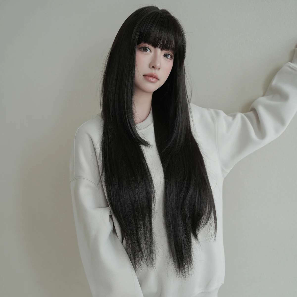 

NAMM Long Straight Black Wig for Women Natural Synthetic Loose Layered Hair Wigs with Curtain Bangs Daily Cosplay Use