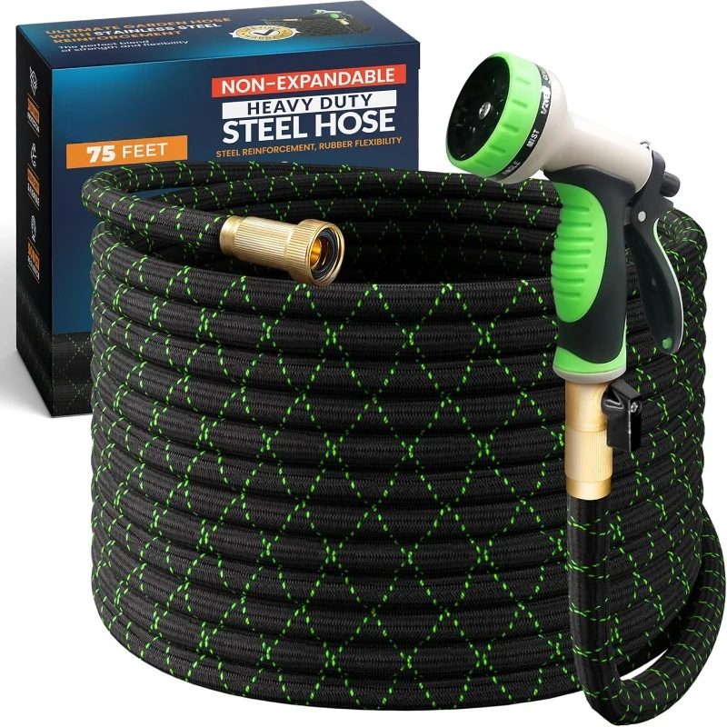 Garden Hose, NON-EXPANDABLE 75 Feet Premium Quality Stainless Steel Metal Water Hose with Durable Fabric Skin