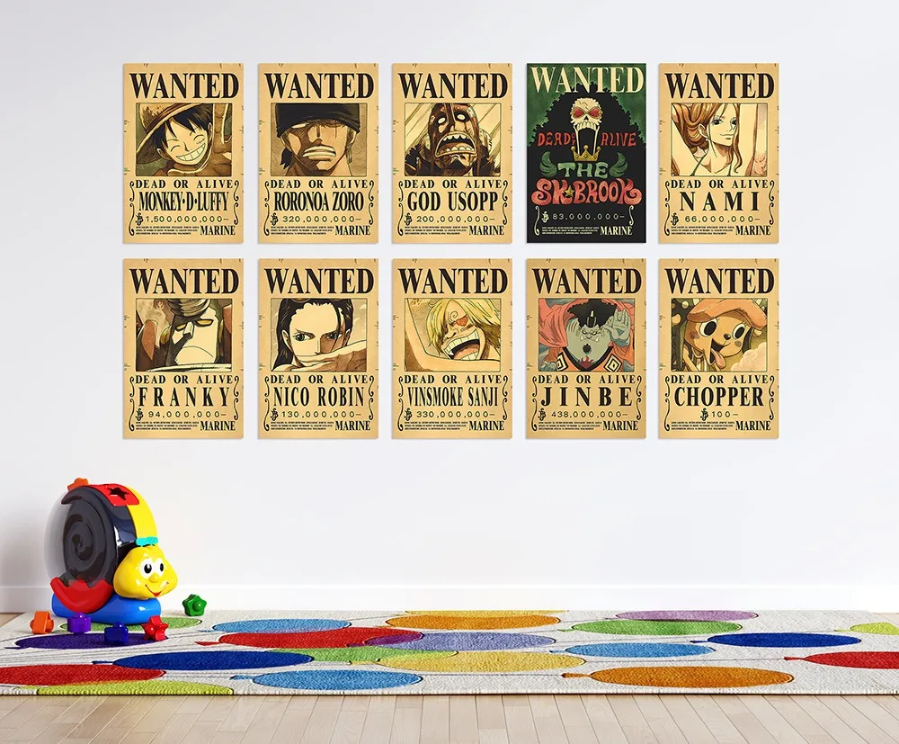 Wanted Posters One Pieces Bounty Anime Luffy Gear 5 4 Emperors Law Kid Figures Vintage Living Room Wall Decoration Stickers - view 5