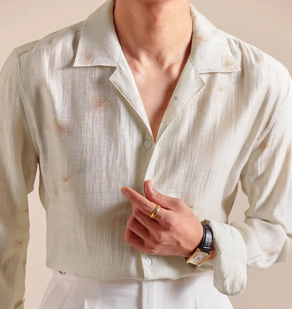 

Italian Linen Blend Shirt For Men Summer Thin Cut Vinegar Hemp Casual Breathable Gentleman Flower Shirt Men Camiseta Masculina