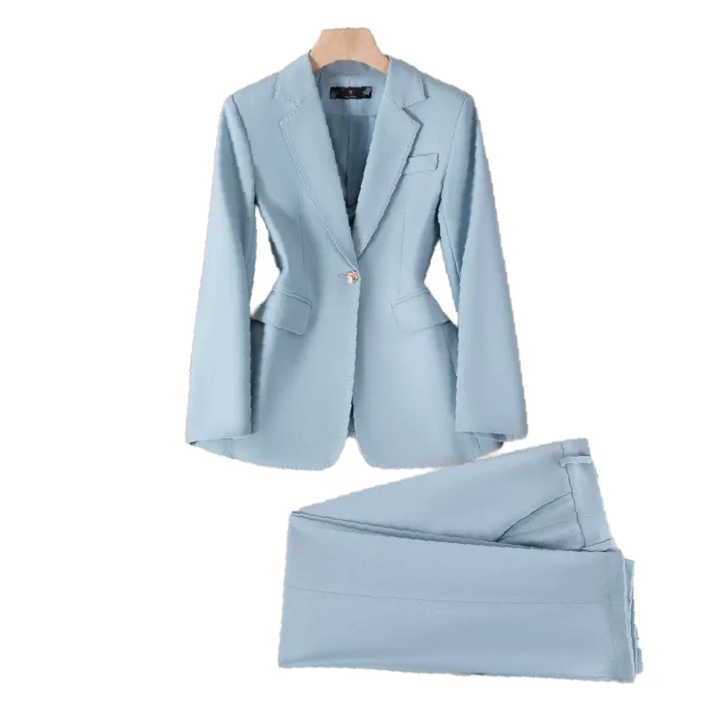 Blauwe pakset voor dames, hoogwaardige lente nieuwe professionele kleding, formele slim fit blazer, werkkleding