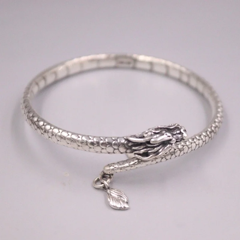 

Real Pure 999 Fine Silver Bangle Women Lucky Carved Dragon Head Cuff Bracelet 30.1g