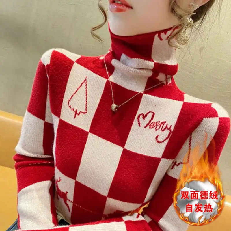 Women\'s Christmas New Year Red Plaid Turtleneck Long Sleeve Slim Basic T-shirts Winter Casual Thick Pullover Top Female Clothing