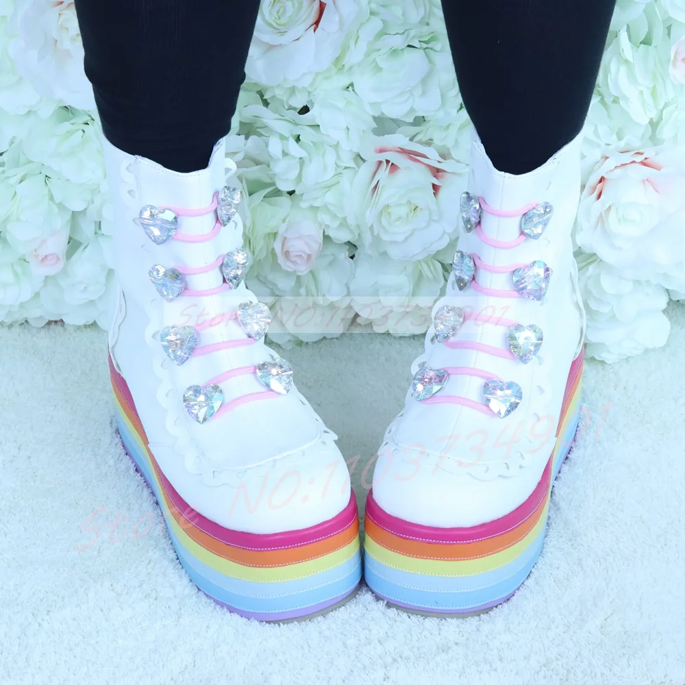 Women Kawaii Rainbow Platform Ankle Boots White Lolita Ruffle Trim Wedge Booties with Heart Crystals Cute Sweet Goth Footwear
