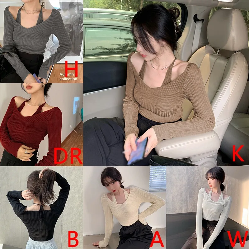 Long Sleeve Slim Hanging Neck Top Women Strapless Knit Sweater Long Sleeve Sexy Knit Thin Sweater