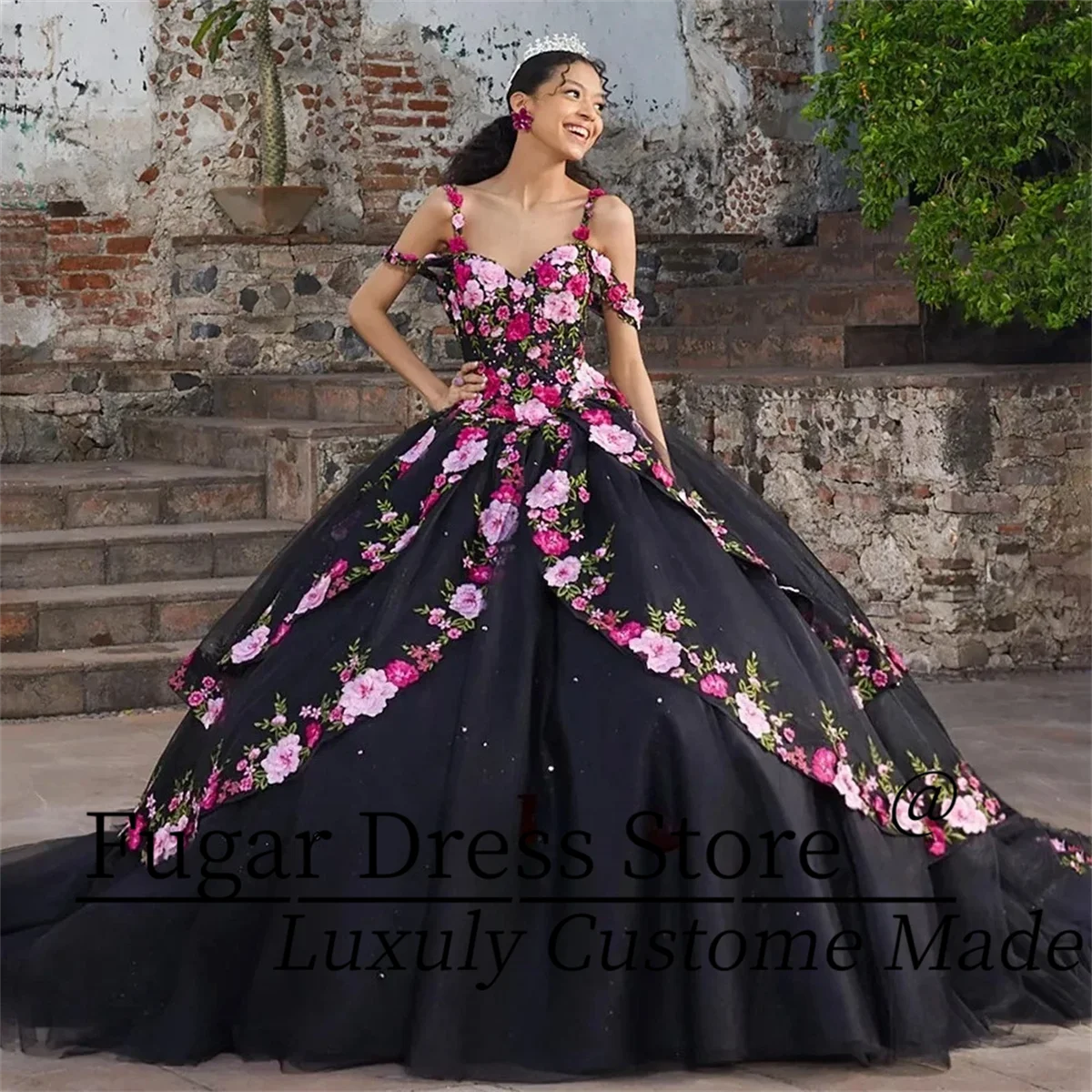 

Блестящие черные платья Quinceanera по индивидуальному заказу, кружевные бальные платья с 3D цветами на тонких бретельках, милые платья de 15, quinceañera