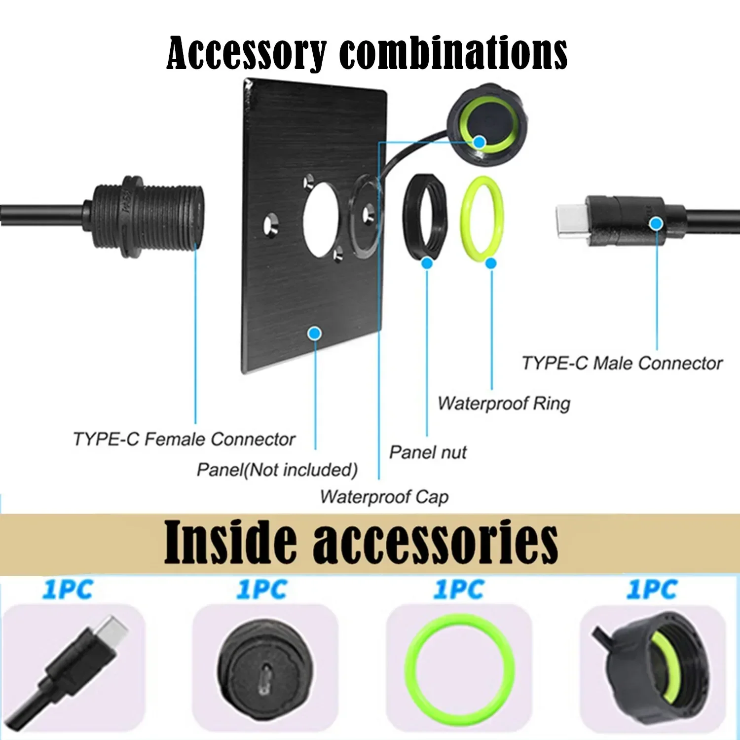 IP68 Waterproof USB 3.1 Chassis Panel M20 Type-C Male Female Extended Waterproof and Dustproof Charging Data Cable 1m