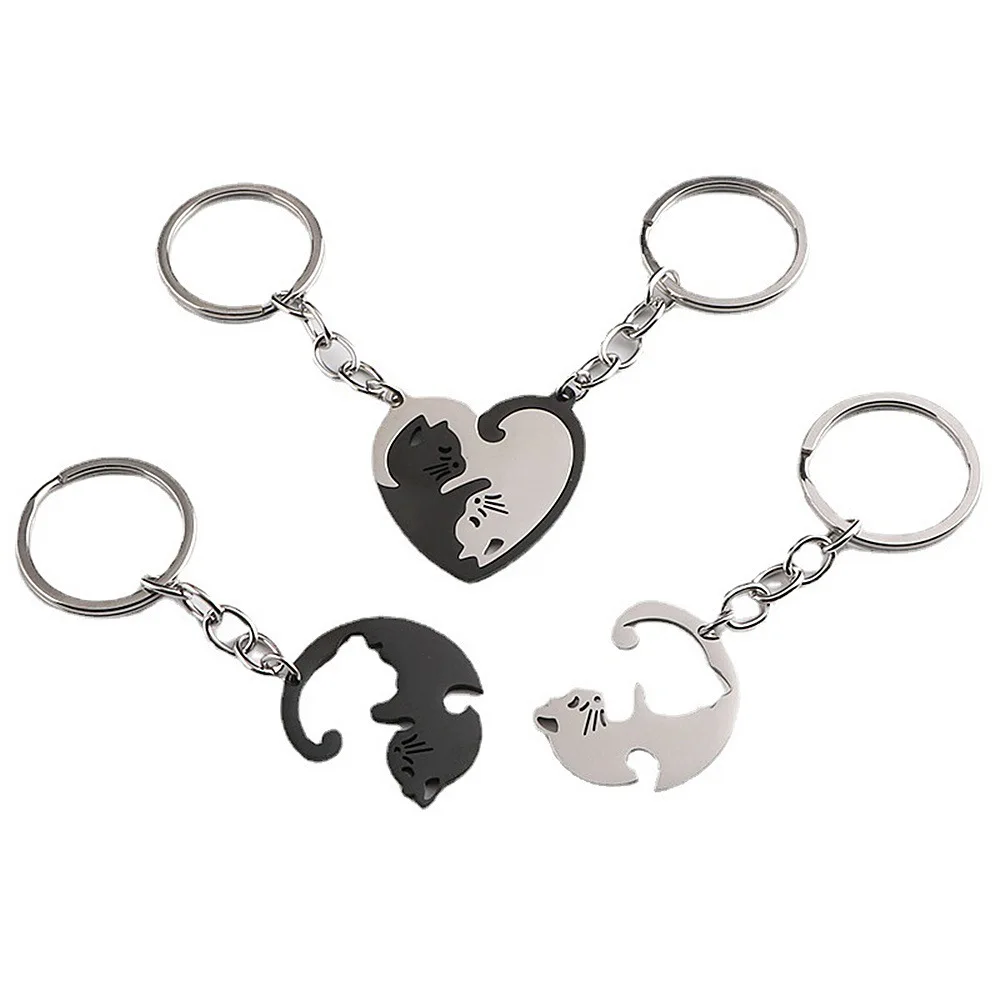 Cute Hug Cat Keychain Creative Patchwork Heart Round Keyring Couple Lovers Key Chains Bag Pendant Car Keyholder Accessories Gift