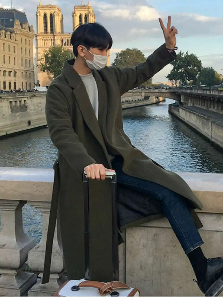 

Японское длинное тонкое теплое шерстяное мужское пальто, корейская версия, модная свободная шерстяная верхняя одежда, зимний сезон, чистый цвет