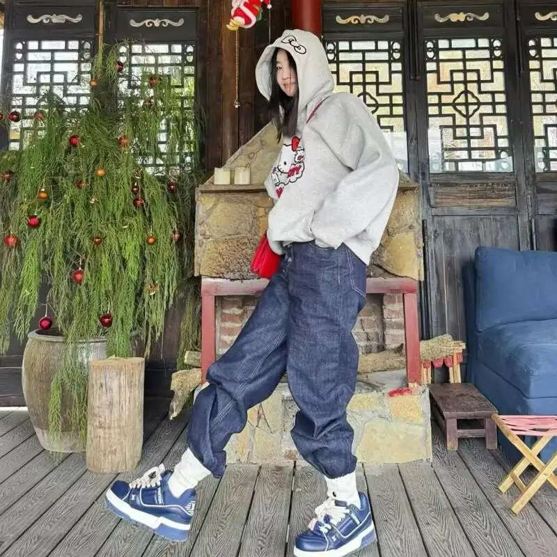 후드티 고양이 프린트 긴 소매 루즈핏 남녀 공용 달콤한 만화 스타일 다용도 가을 겨울 고급형