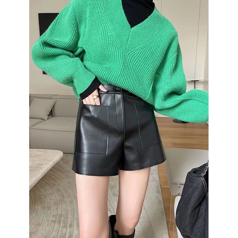 

High Waist A-Line Bla eepskin Genuine Leather orts Women's Wide Leg Pants Autumn Winter Faion Casual Trousers