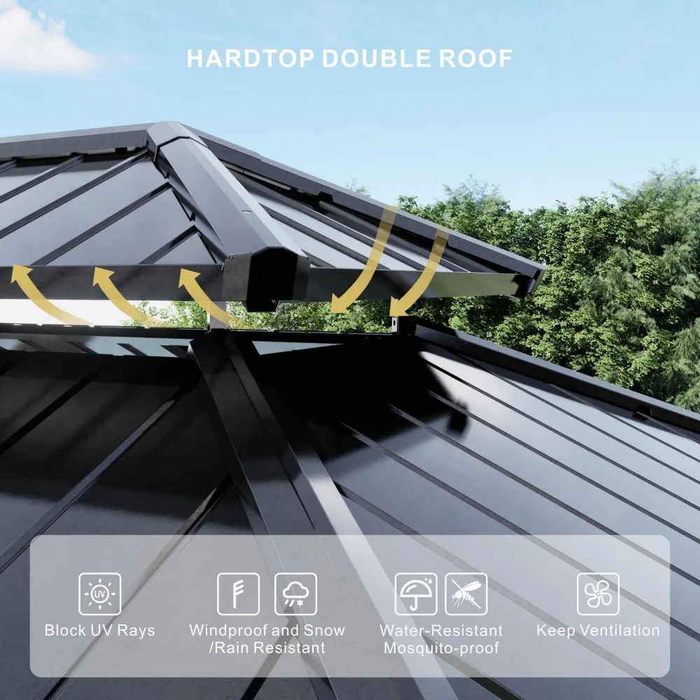 شرفة صلبة مقاس 10 × 12، مظلة سقف مزدوجة من الفولاذ المجلفن مع إطار من الألومنيوم، جناح خارجي #5