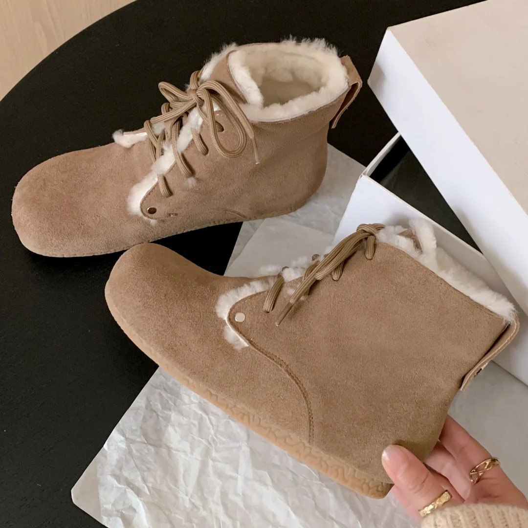 Women's natural suede leather wool inside lace-up flats winter ankle snow boots round toe casual female cold weather short boots image 3