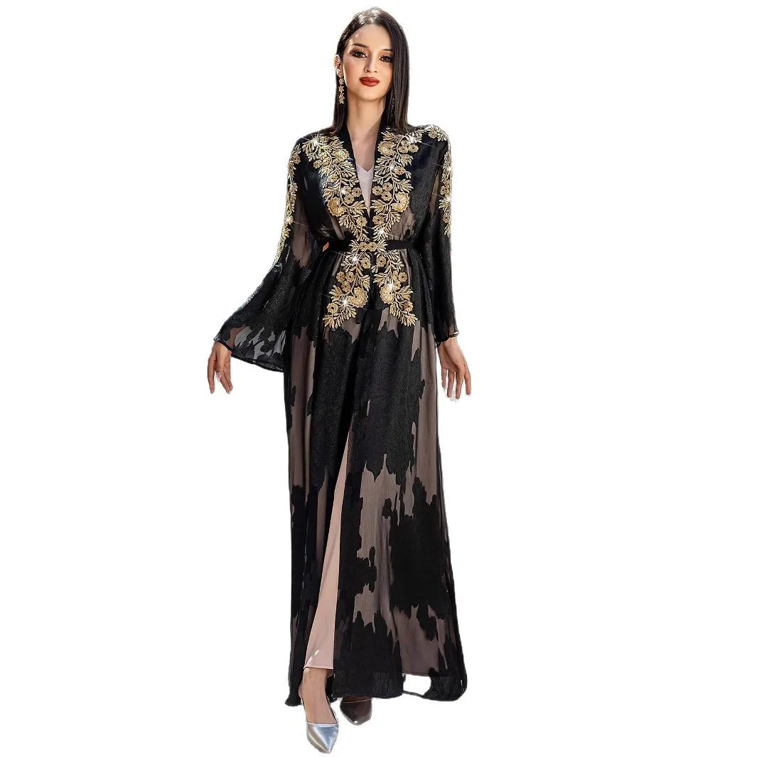 

2026 summer hot selling black gold lace embroidered two-piece set with waist belt, light and elegant exotic style robe