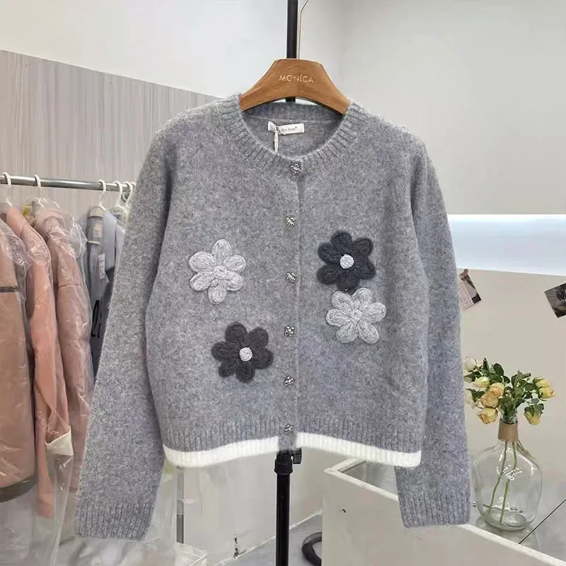 

Женская одежда, свободные теплые свитера с круглым вырезом и цветочной вышивкой, осень-зима, винтажный шикарный мягкий вязаный кардиган на пуговицах