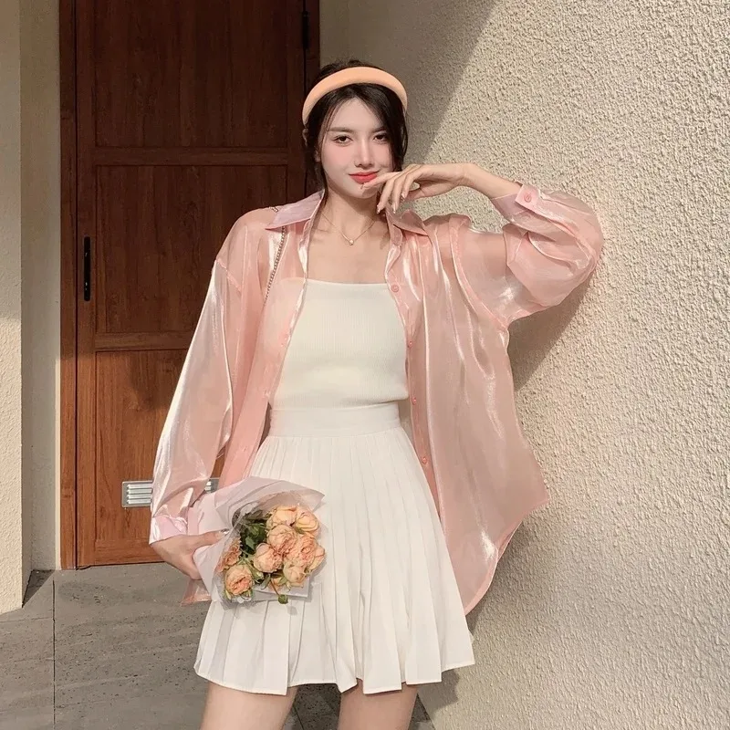 

Тонкая солнцезащитная рубашка в корейском стиле, женская летняя новая свободная яркая шелковая шифоновая прозрачная блузка, модные женские топы, чистый цвет