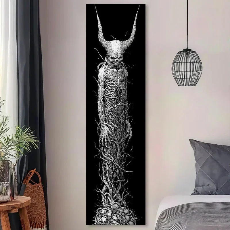 Vertical Striped Demon Skeleton Tapestry, Black-and-White Sketch of a Long-Horned Demon, Hallway Home Decor