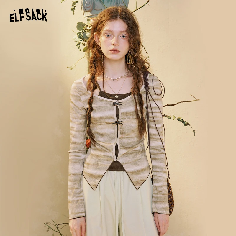 ELFSACK Women's Striped Tie Front T-shirt with Camisole Layer, Long Sleeve Fitted Two Piece Outfit for Everyday