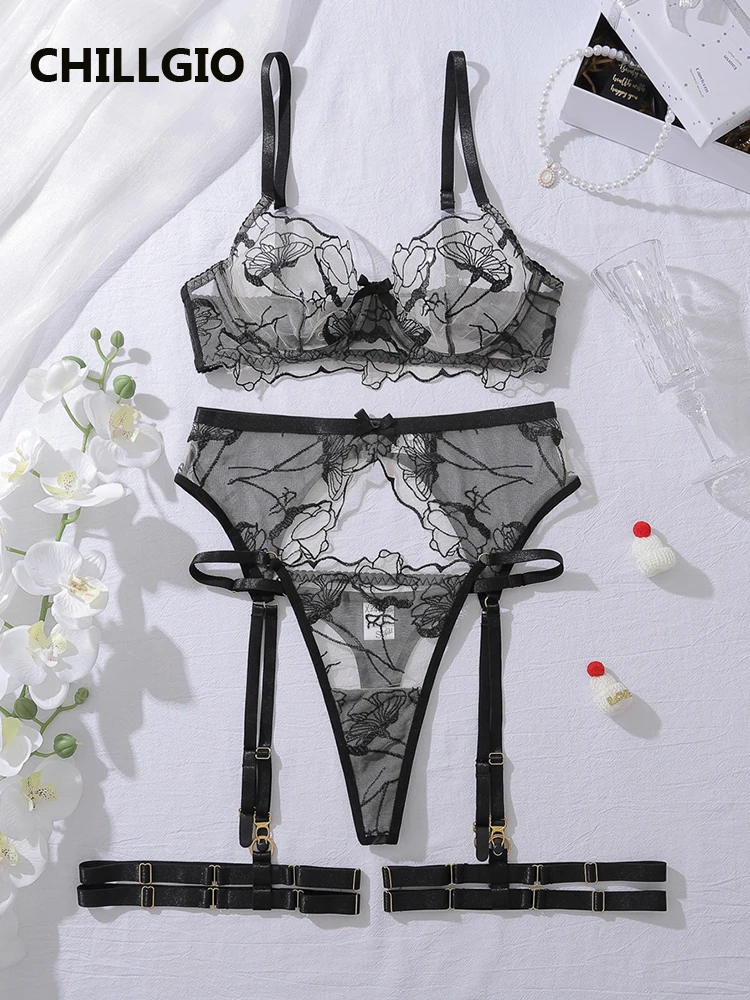 

CHILLGIO женский бюстгальтер с цветочной вышивкой, короткие костюмы, облегающее эротическое интимное белье, сексуальное прозрачное сетчатое нижнее белье с эффектом пуш-ап