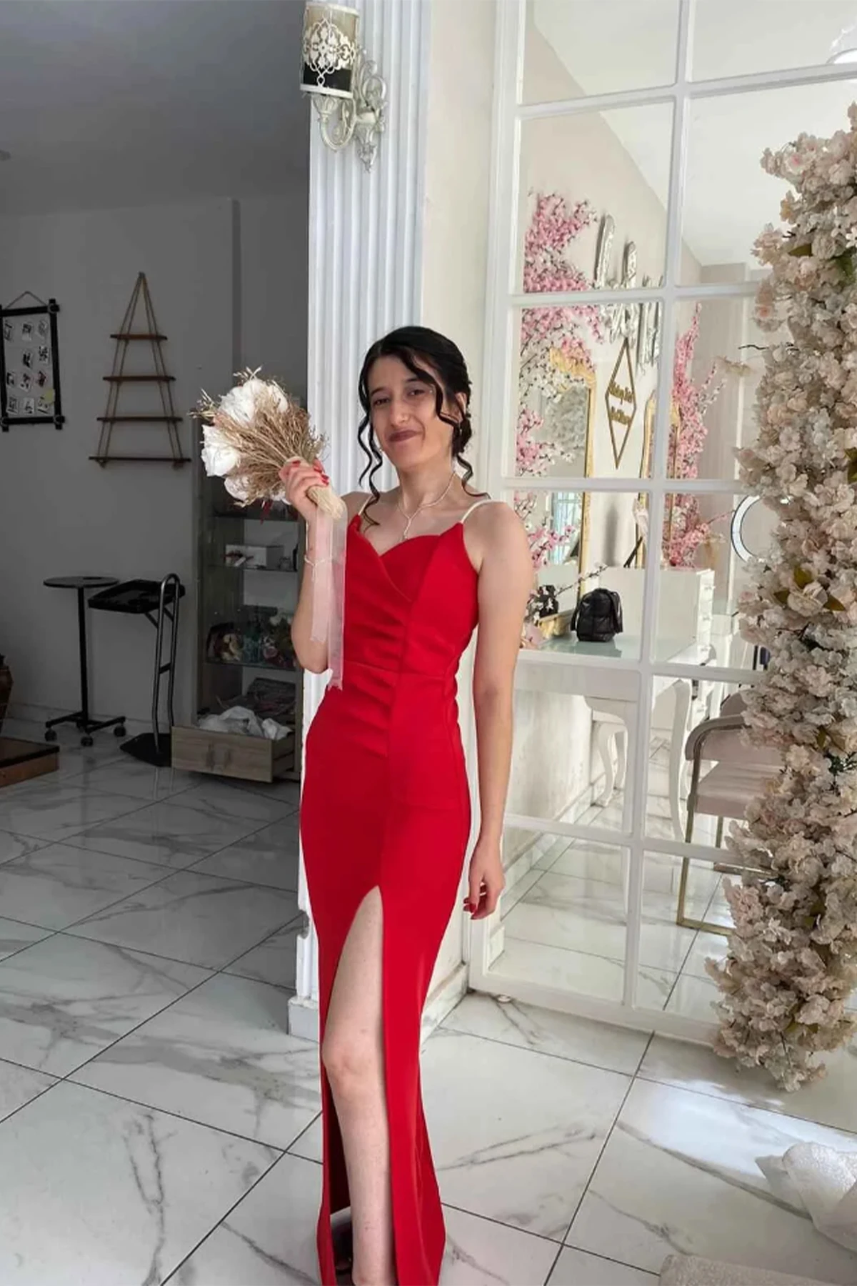 Women's Red Stone Strap Slit Fabric Shiny Evening Dress Engagement Wedding Graduation Dress Evening Party Gown