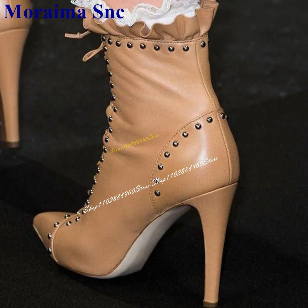 Runway Cross Tied Black Rivet Ruffles Ankle Boots Thin High Heel Women Shoes Side Zipper Pointed Toe 2024 Zapatos Para Mujere