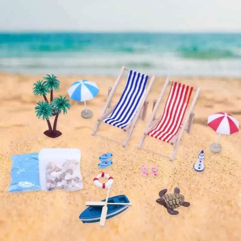 Detailliertes Miniatur-Dekorationsset mit Strandszene Meer und Zubehör, Rollenspiel-Puppenhaus-Display-Set für Kinder, 15UB