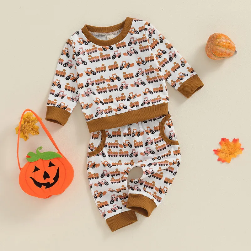 Toddler Boys Halloween Outfits Pumpkin Trailer Print Long Sleeve Sweatshirts and Long Pants 2Pcs Fall Clothes Set