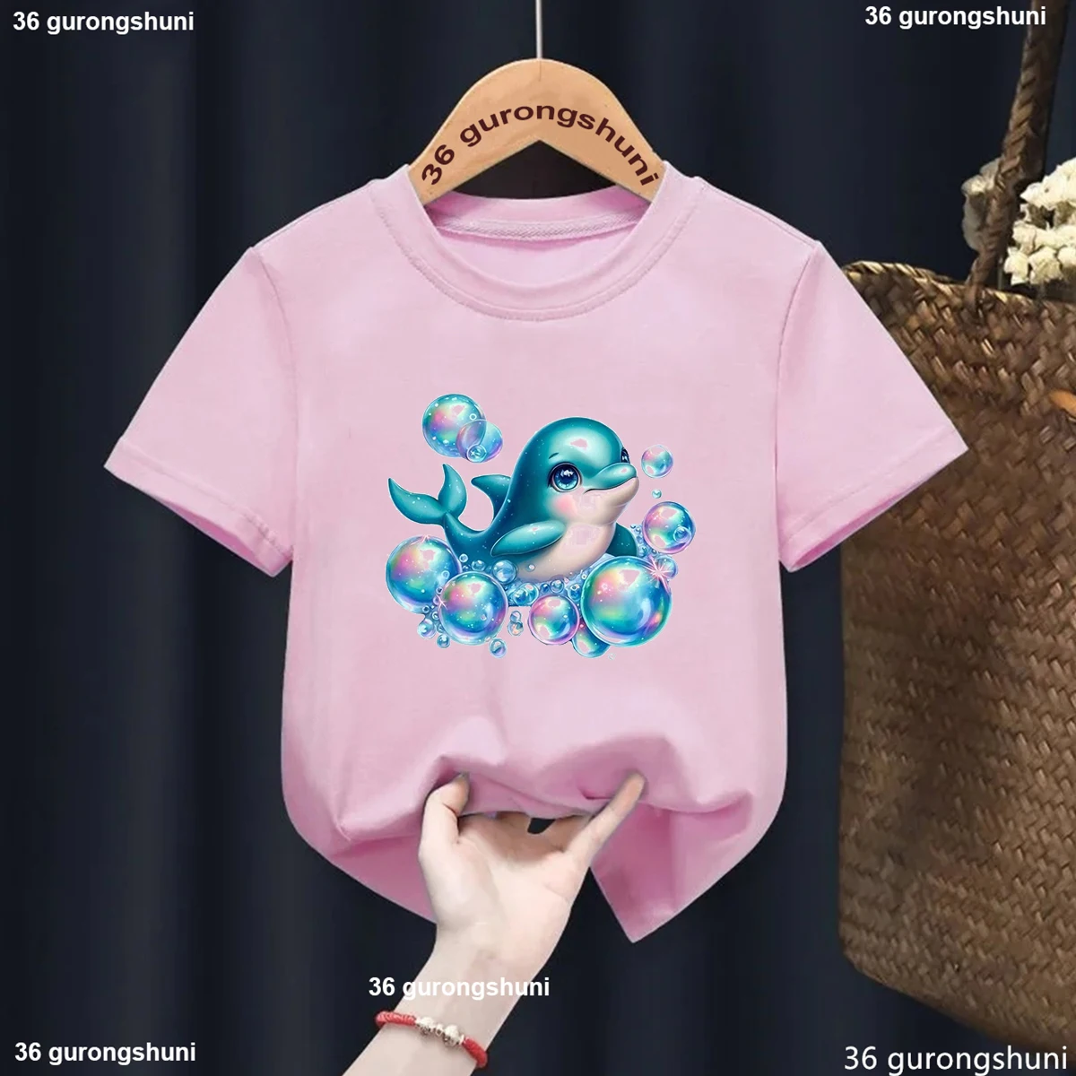 Kawaii Girls T-Shirt Watercolor Bubble Dolphin Print Tshirt Cute Marine Creatures Fish Cartoon Tshirt Kids Fashion Girl Pink Tee