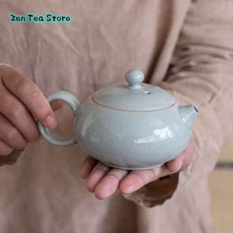 Flat Xi Shi Pot Tea Set Teapot Ceramic Open Piece Can Raise Ice Crack Large Capacity Single Pot Ice Crack Glaze Round Handle