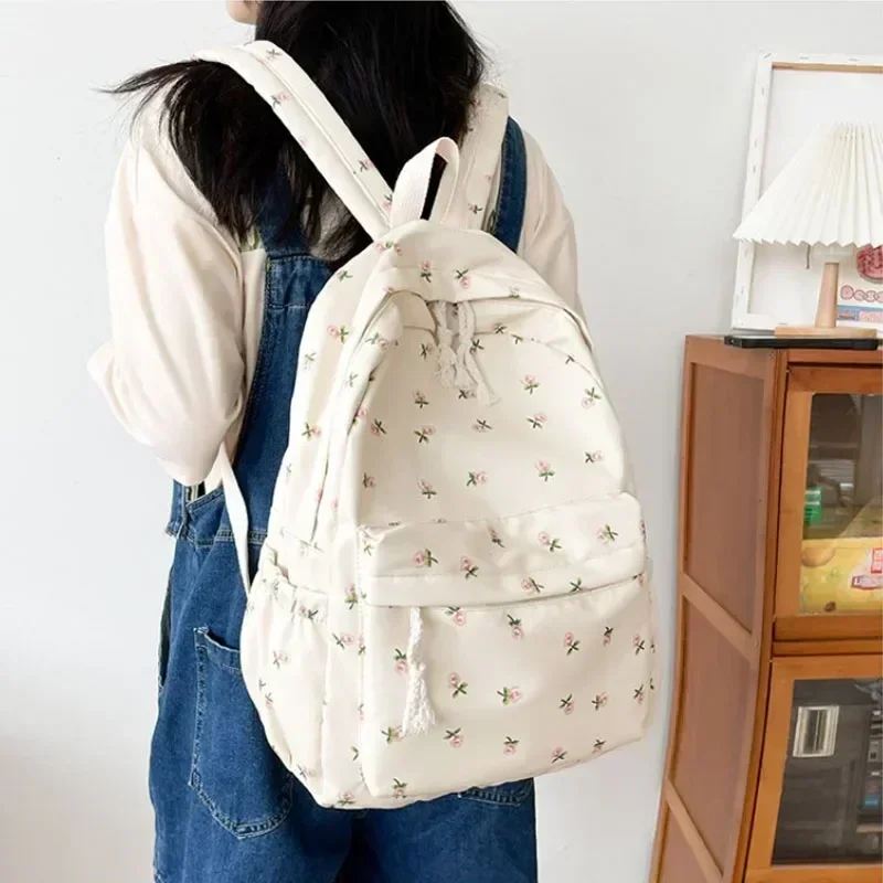 Sac à dos d'étudiant coréen floral blanc, sacs d'école pour adolescentes, sac de livre de marque pour femmes, sac à dos en nylon mignon