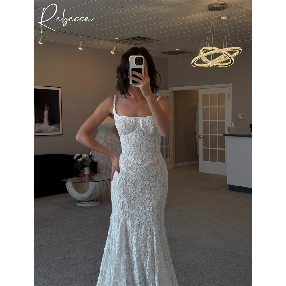 Rebecca Custom White Lace Spaghetti Strap Square Neck Mermaid Wedding Dress Sleeveless Bridal Gown Formal Evening Party Dress