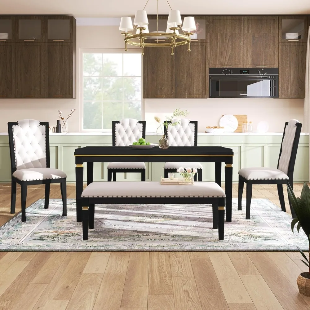 

6-Piece Solid Wood Dining Table Set, Modern Elegant 60" Rectangular with 4 High-Back Tufted Upholstered Chairs + 1 Bench for Ki