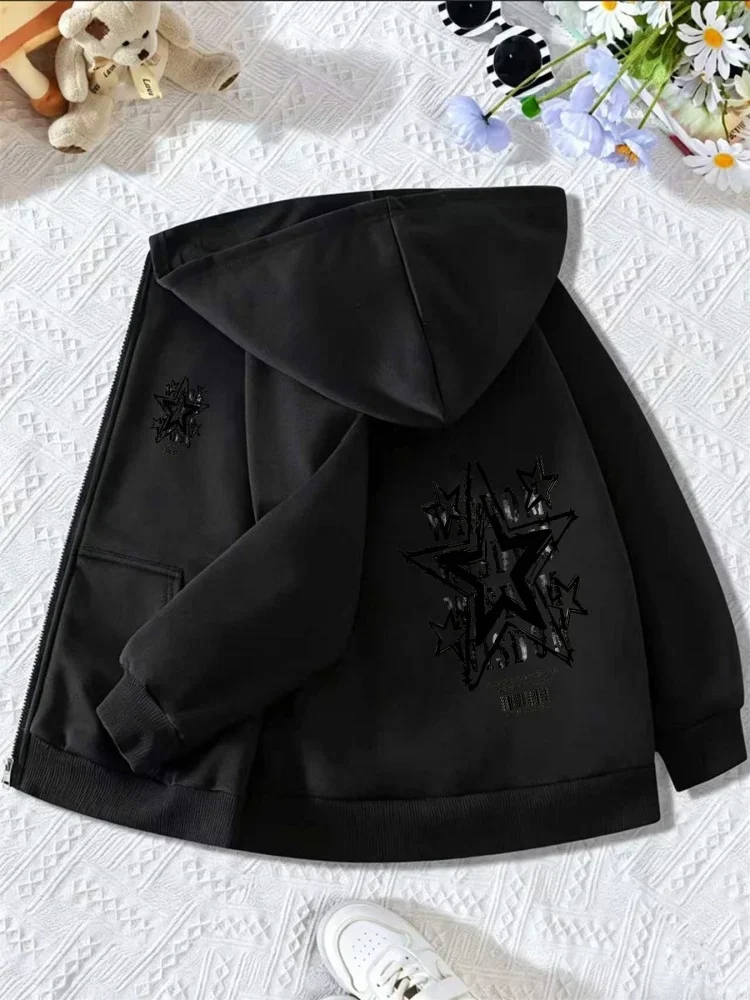 Streetwear Black Zip Hoodie For Children Cool Graffiti Star Art Design Long Sleeve Lightweight Casual Coat