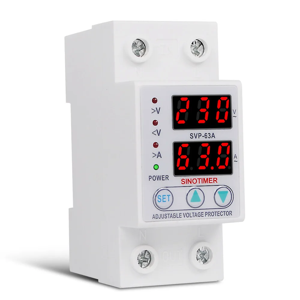SVP-63A 220V Single-phase Smart Adjustable Over Under Voltage Protection Limit Current Protector Dual Display Automatic Reset