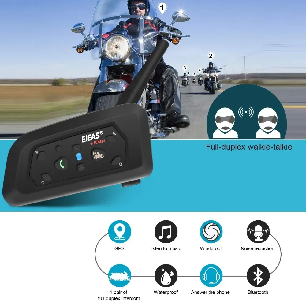 Best Selling V6 PRO Bluetooth Motorcycle Helmet Intercom Headset with 1200M BT Interphone Communicator for 6 Riders Waterproof