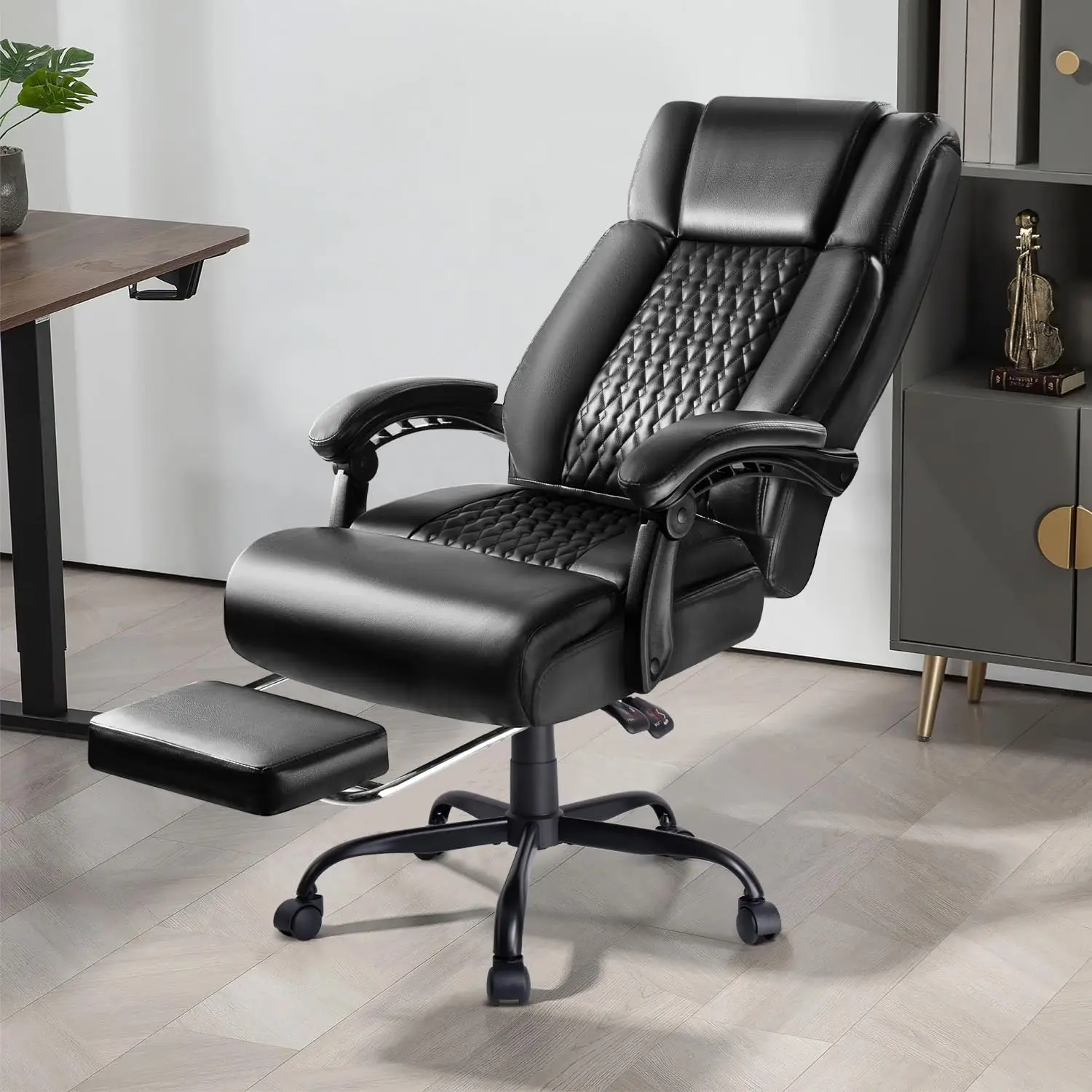 كرسي مكتب تنفيذي كبير وطويل مع مسند للقدمين، 400 رطل، كرسي جلدي مريح باللون الأسود