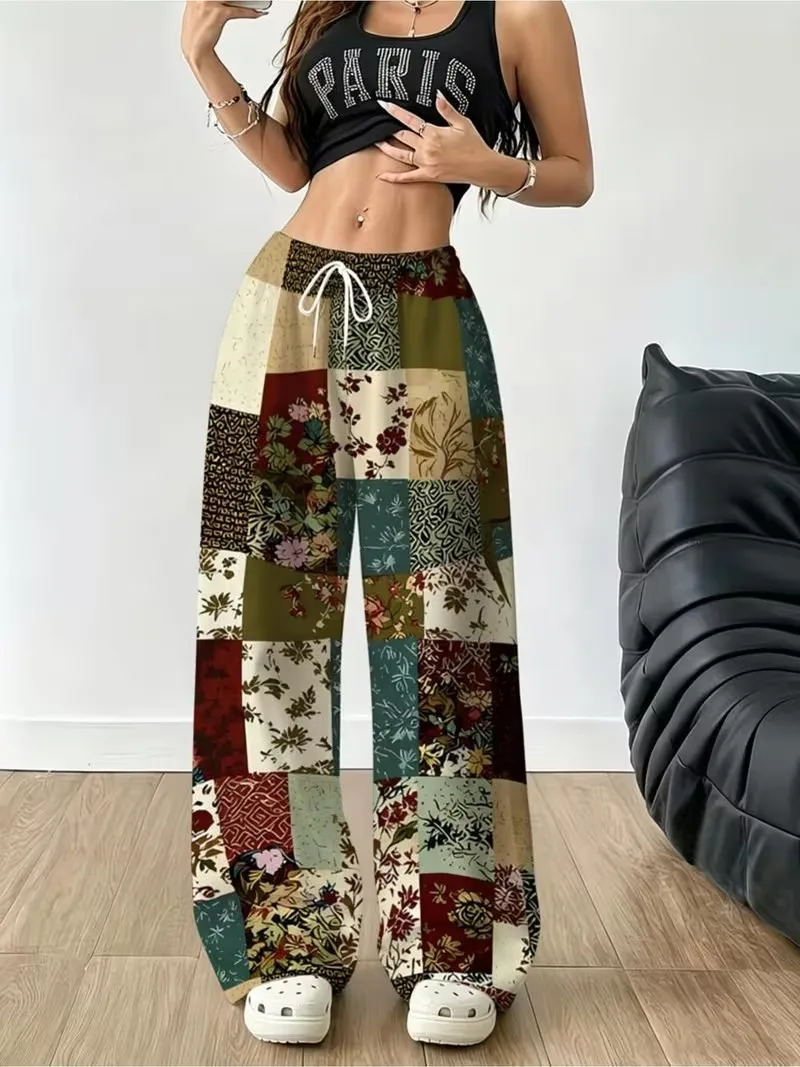 Women's regular versatile pants 3D retro floral patchwork pattern casual pants personalized drawstring pocket sports pants