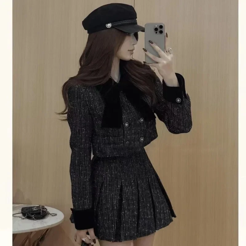 Insozkdg High Quality Sweet Small Fragrance 2 Piece Sets Women Outfit Elegant Fashion Bow Jackets Coat + Pleated Skirt Suits