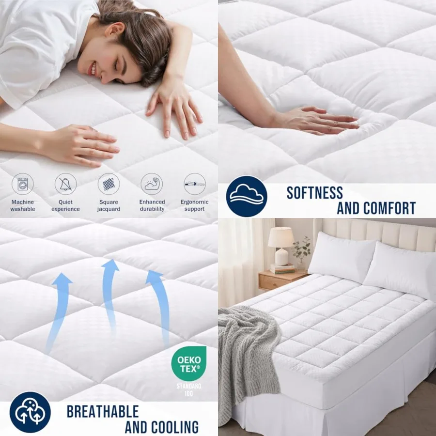 

Queen Quilted Fitted Mattress Pad – Soft Pillow Top Mattress Topper, Down Alternative Fill, Cooling Comfort Breathable Mattress Cover, Machine Washable Deep Pocket Mattress Protector, White
