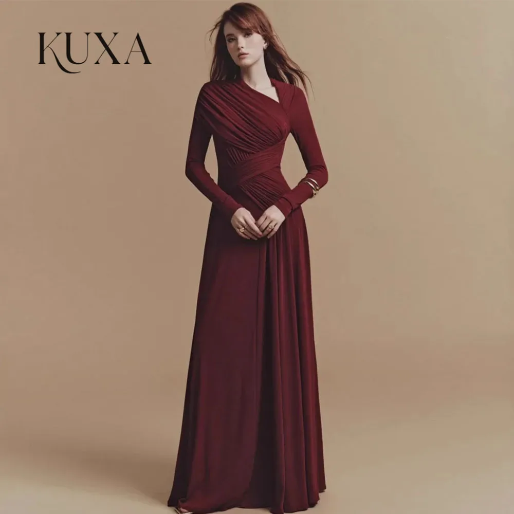 KUXA Customized Elegant Dress Shirring Asymmetrical Patchwork Long Sleeve Women's Evening Party Dresses robes de soirée 2026