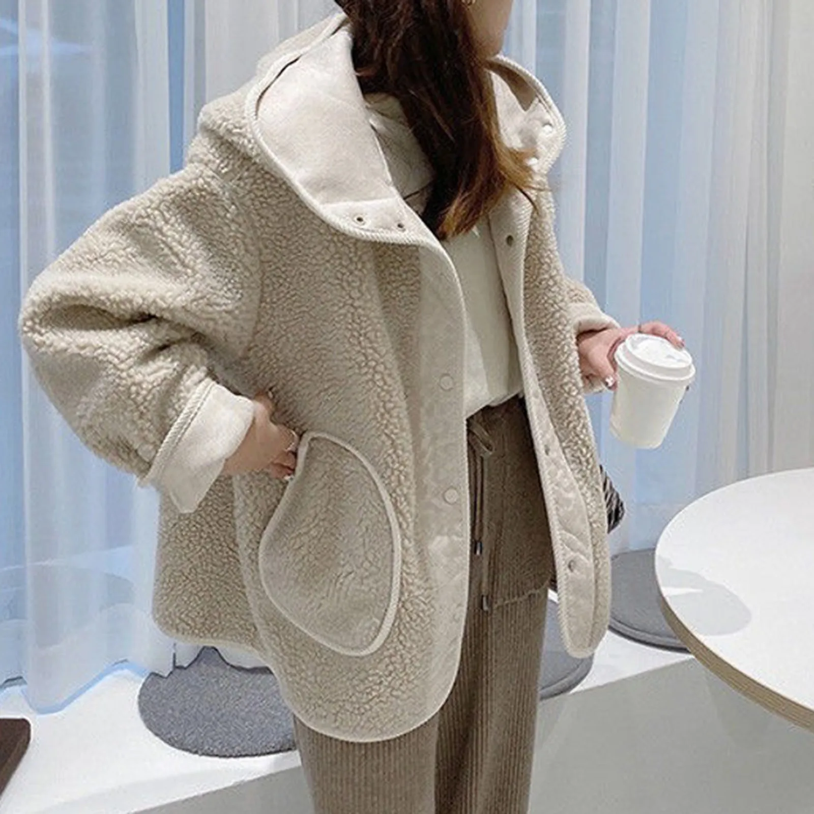 Women'S Solid Color Casual Fleece Coat Autumn Winter Plus Fleece Warm Comfort Coat Fashion All-In-One Casual Hooded Coats