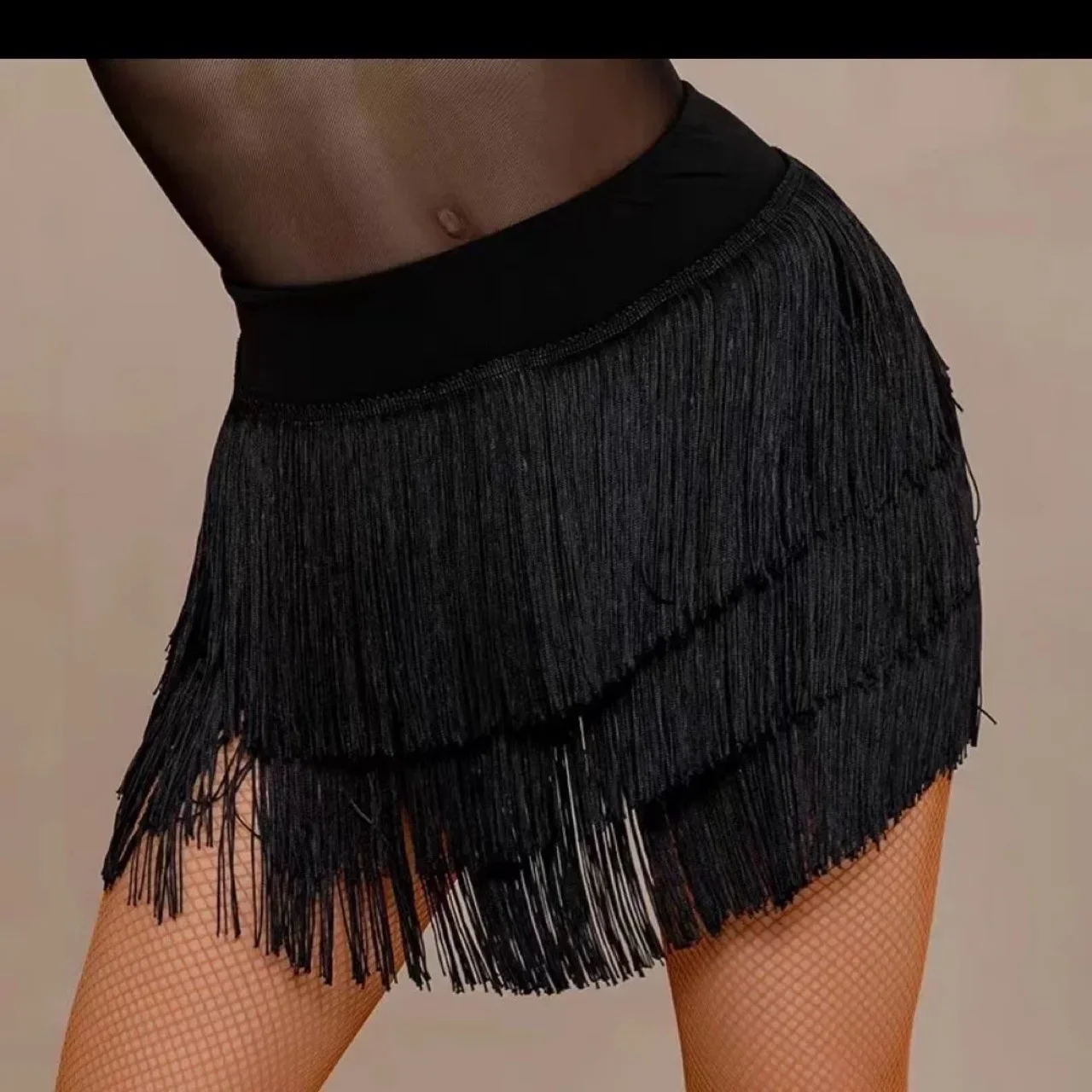 New Latin Dance Skirt Practice Suit 3 Layers Symmetry Hem Sailor Skirt Elastic Waist Dressy Temperament Skirt with Tassel