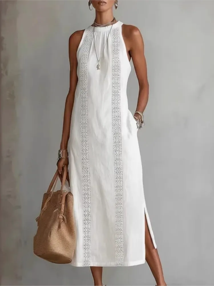 Women's Halter Slit Holiday Solid Color Lace Splicing Sleeveless Dress Vintage Vestidos Maxi Dress Summer Loose Party Robe