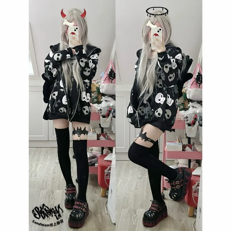 Hoodies feminino grunge Harajuku Vintage com zíper, estampa gótica de caveira, moletom japonês, roupas de rua Y2K, outono 2024