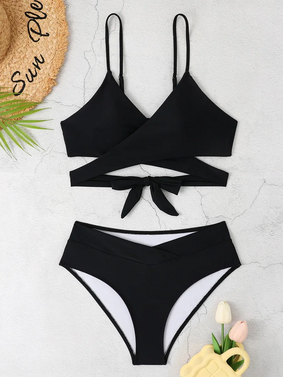 Conjunto de Bikini cruzado, traje de baño Sexy para mujer, traje de baño liso con tiras, bañadores para mujer, traje de baño para nadar, ropa de playa de verano 2024