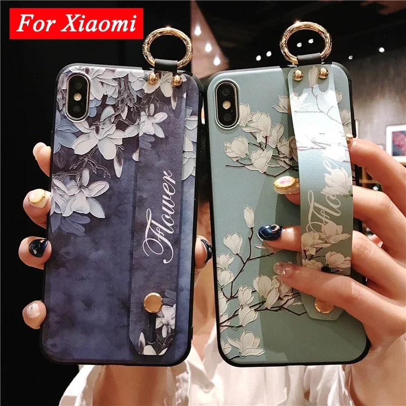 For Xiaomi Mi 14 Pro Poco X6 Pro M6 M4 M5 F5 Case Fashion Flower Hand Band Phone Holder Cover for Redmi Note 13 Pro Plus 5G 13C