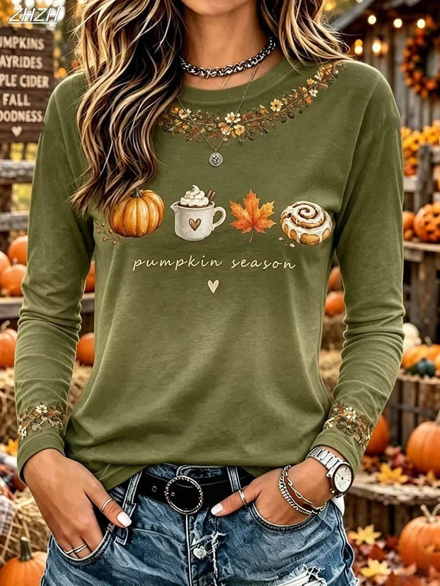 Women Round Neck Long Sleeve Tee Pumpkin Season Maple Leaf Print Casual Autumn Tops