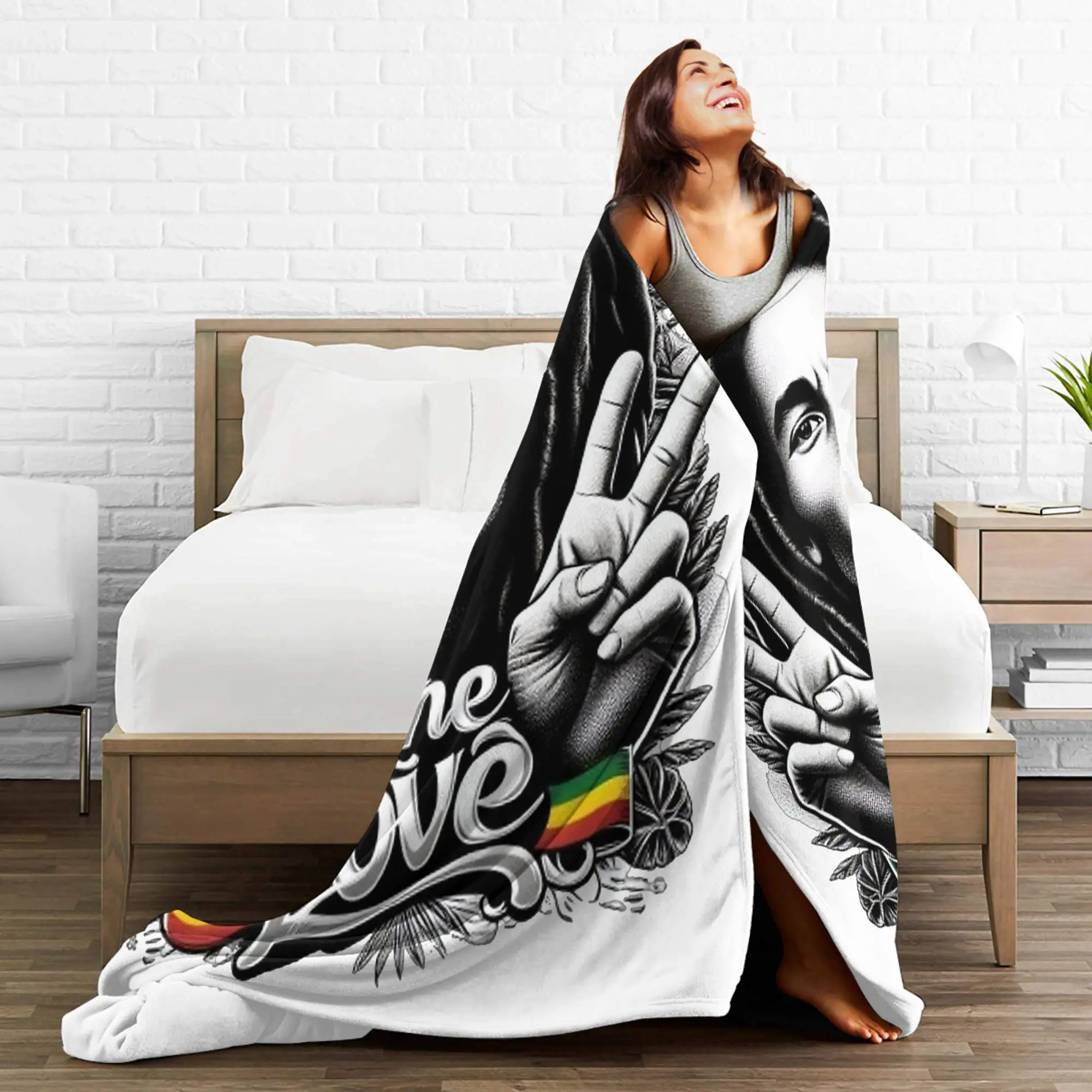 ผ้าห่มฟลานเนลลายดนตรี BOB MARLEY ONE LOVE ผ้าห่มสำหรับเครื่องนอน ผ้าห่มนุ่มสำหรับใช้กลางแจ้ง