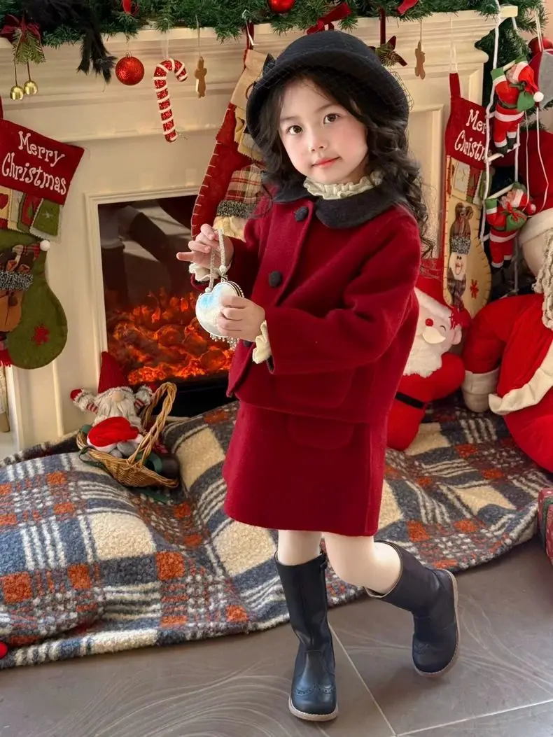 Children Elegance Top Clothing Autumn Winter Girls Clothes Set Fashion Retro Red Coat Jacket+Sundress 2Pcs Suits Kids suit